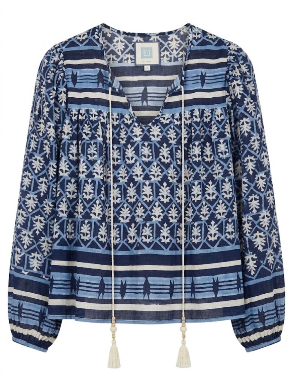 Hunter Bell Ariana Blue Block Print Tie Neck Long Sleeve Blouse XS